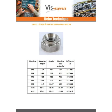 1 X Écrou à Riveter Hexagonal M6 Épaisseur Tole 20 Inox A2 5 1 X Écrou à Riveter Hexagonal M6 Épaisseur Tole 20 Inox A2 – Image 3
