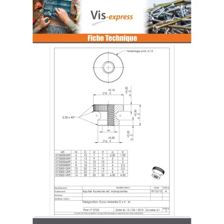 1 X Écrou Moletée Laiton M12 25X17 EMM 4 1 X Écrou Moletée Laiton M12 25X17 EMM – Image 2