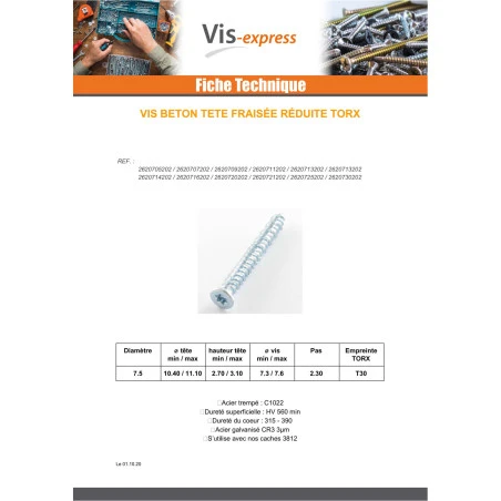 1 X Vis Béton Tête Fraisée TF Réduite 7.5X212 TORX T30 Acier Zingué 4 1 X Vis Béton Tête Fraisée TF Réduite 7.5X212 TORX T30 Acier Zingué – Image 2