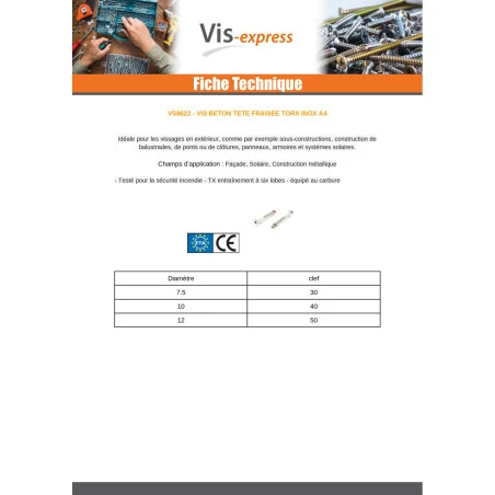 1 X Vis Béton Tête Fraisée TORX T30 Inox A4 7.5X65 Filetée Sur 10 5 1 X Vis Béton Tête Fraisée TORX T30 Inox A4 7.5X65 Filetée Sur 10 – Image 3